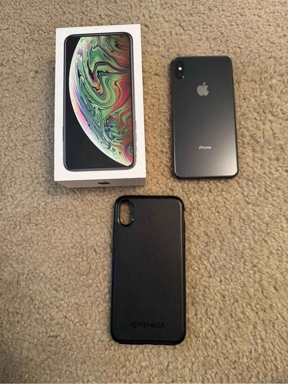 Apple iPhone XS Max - Space Gray with Black OtterBox Case and Box